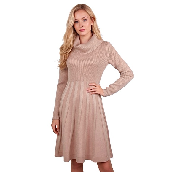 CALVIN KLEIN Cowl-Neck Fit & Flare Metallic Knit Sweater Dress Size Medium - Picture 1 of 13